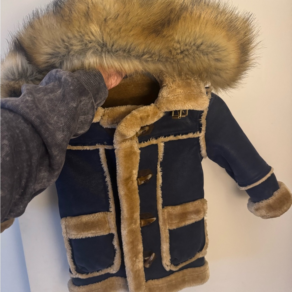 Navy and Tan Faux Fur Trimmed Coat